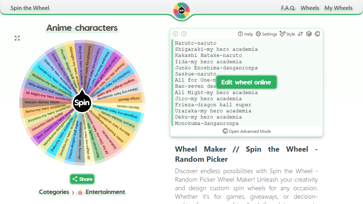 Anime characters | Spin the Wheel